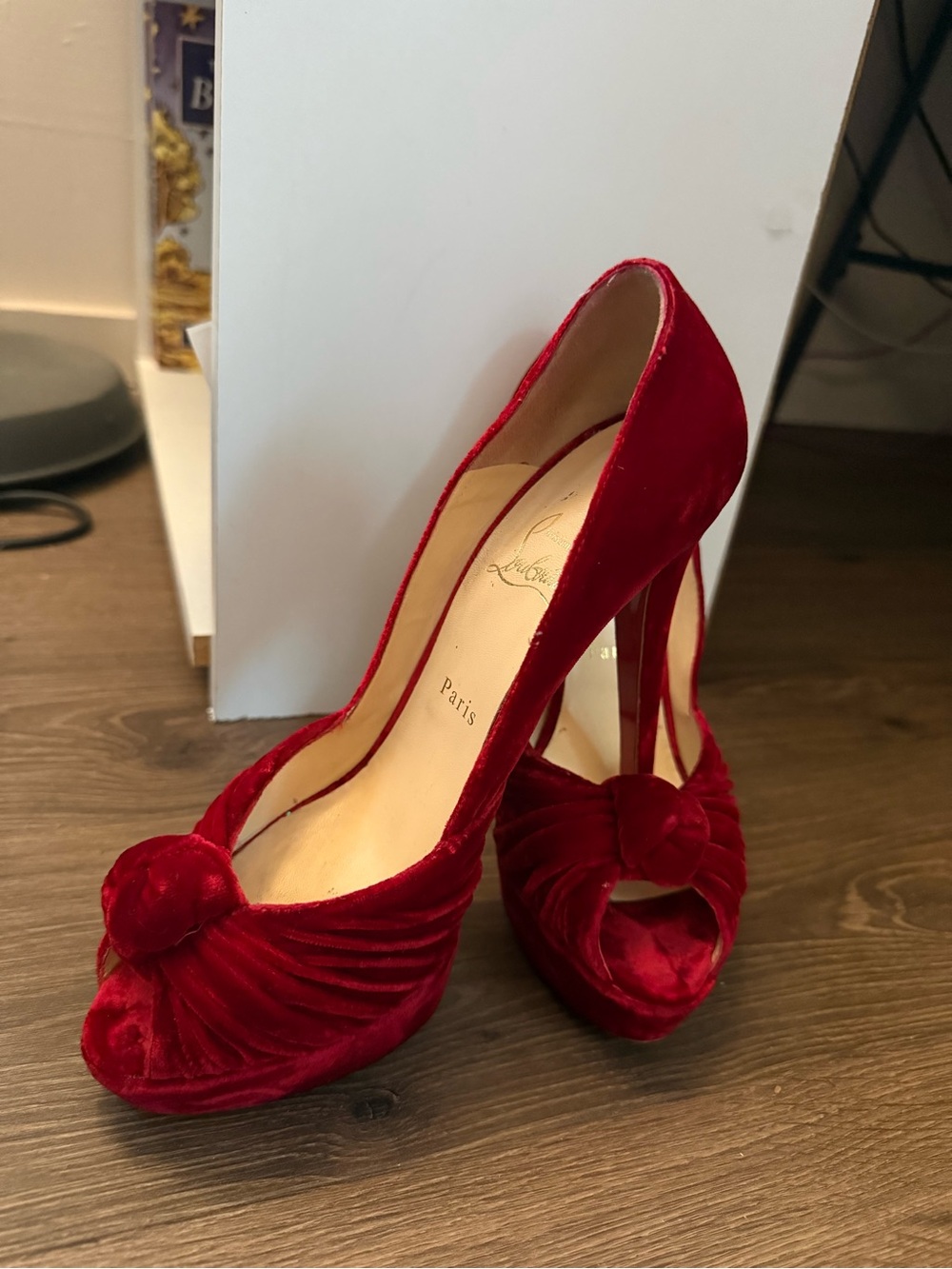 Christian Louboutin Red Velvet Peep-Toe Platform Pumps